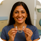 Smiling woman holding clear Invisalign Aligners, promoting discreet teeth straightening in Hyderabad.