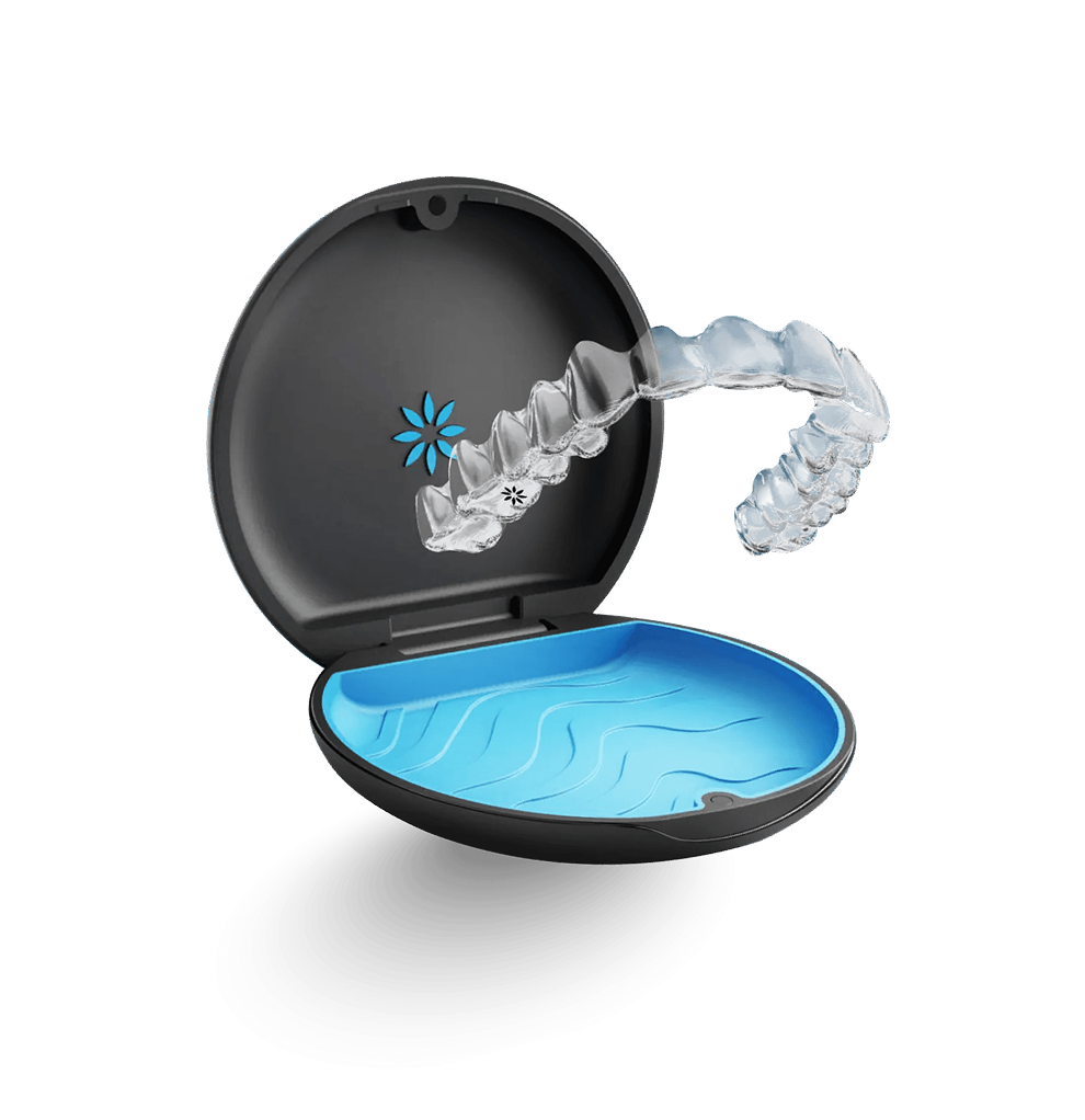 Clear Invisalign Aligners in the blue storage case, product shot for Tellapur Invisalign Center.